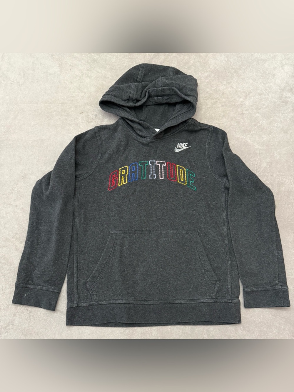 Nike Gratitude Hoodie Boys Large Gray Pullover Sweatshirt Pocket Graphic VGUC